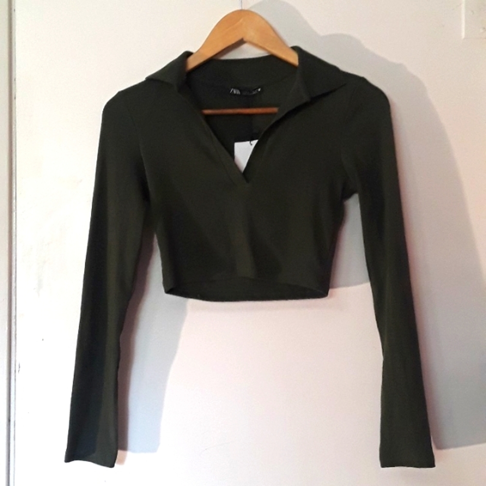 ZARA Forest Green Cropped Longsleeve collared shirt size small
